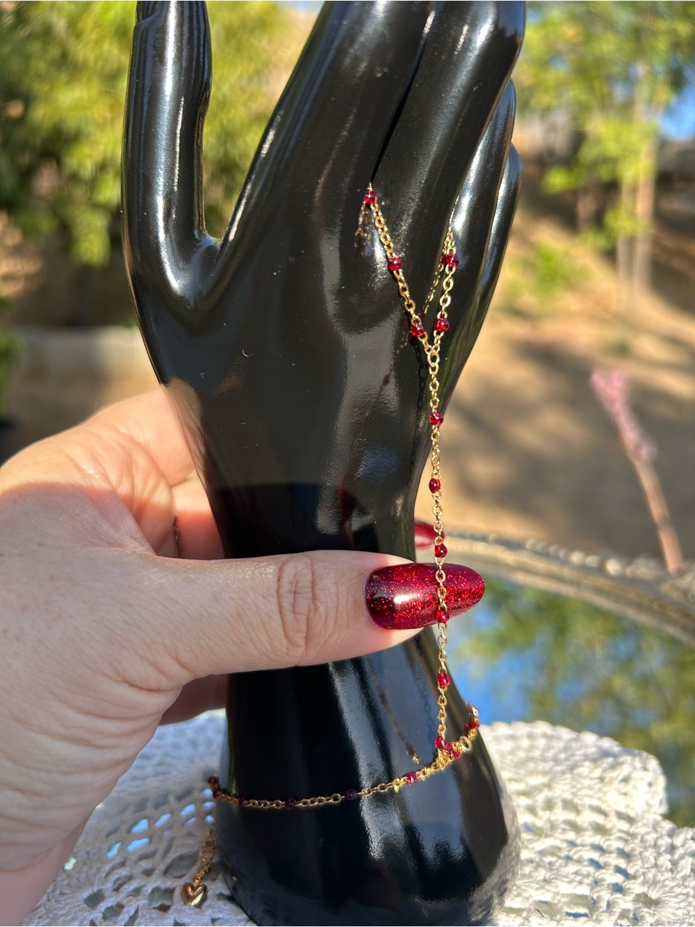 Gold tone hand Chain Bracelet with Red Bead Accents - Women's Jewelry